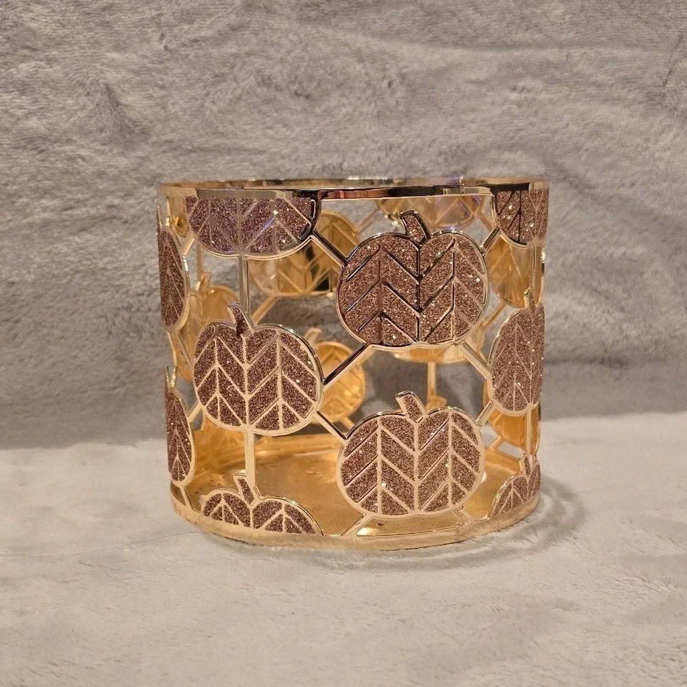 Bath & Body Works Gold Rose Gold Glitter Pumpkin 3-Wick Candle Holder Fall Decor